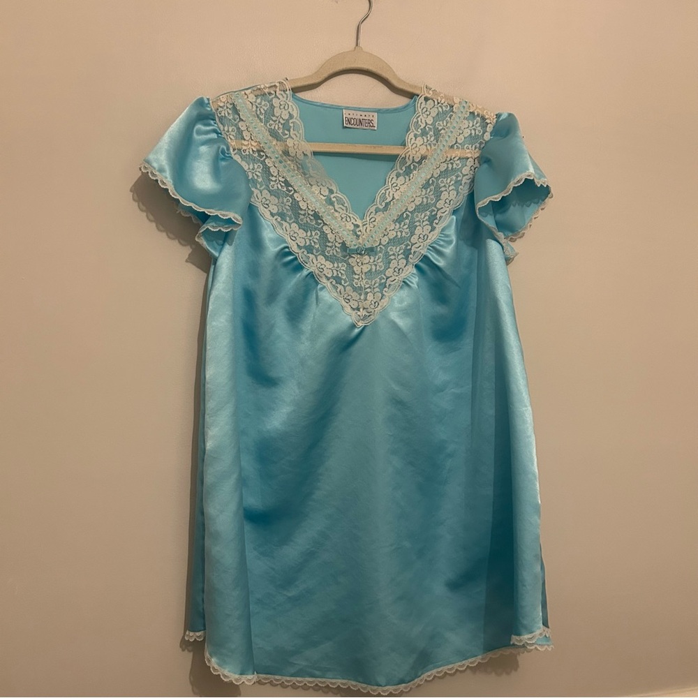 Vintage Blue Beige Lace Intimate Encounters Nightgown Sz M Medium
